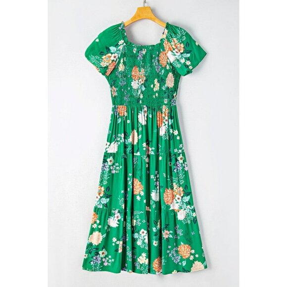Green Floral Smocked Puff Sleeve Midi Dress For Women - Picture 4 of 12